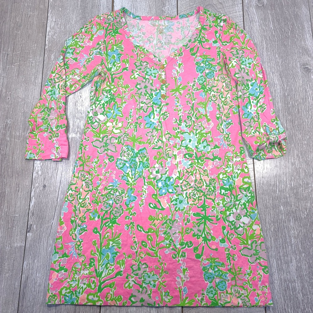 Lilly Pulitzer Dress Womens Large Pink Floral Pima Cotton Henley Roll Tab Sleeve